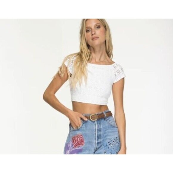 NWT $128 Nightcap Clothing Anthropologie Navajo Floral Lace Crop Top Sz L White - Picture 1 of 7